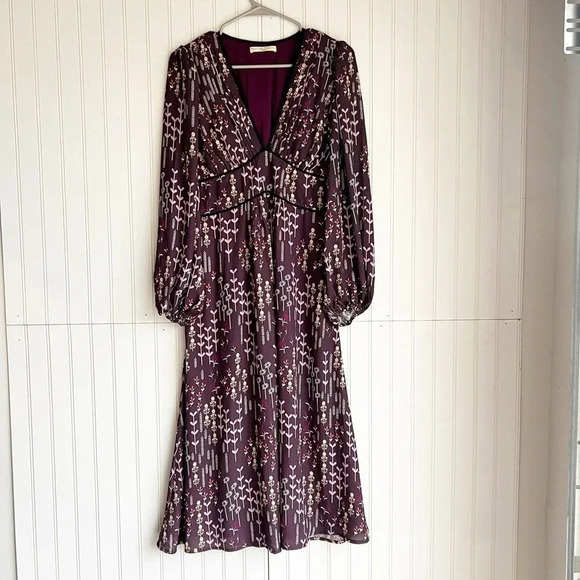 WAYWARD FANCIES eShakti Size 4 Burgundy Plum V- Neck Floral Midi Dress - Picture 1 of 6